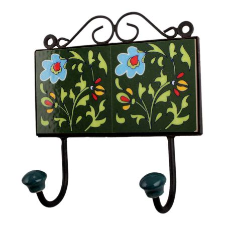 Forest Green Sky Blue Floral Tiles Hooks